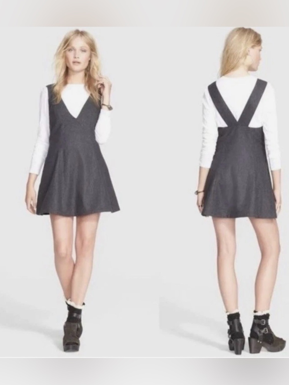 Free People Sleeveless Dress Size 12 Deep V-Neck Side Pockets Mix Wool Side Zip
